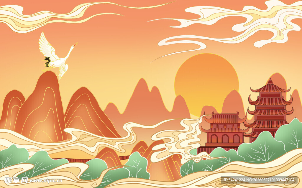 古风山水楼阁日出美景