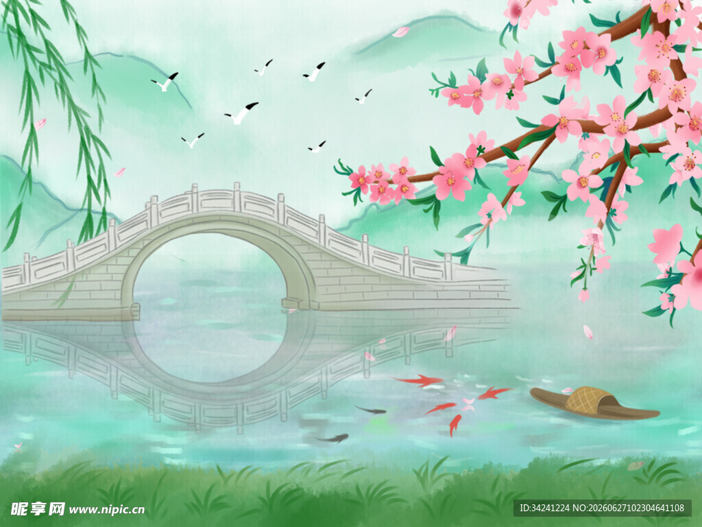 春日湖景拱桥桃花图