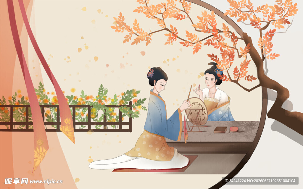 古风女子树下对坐赏景