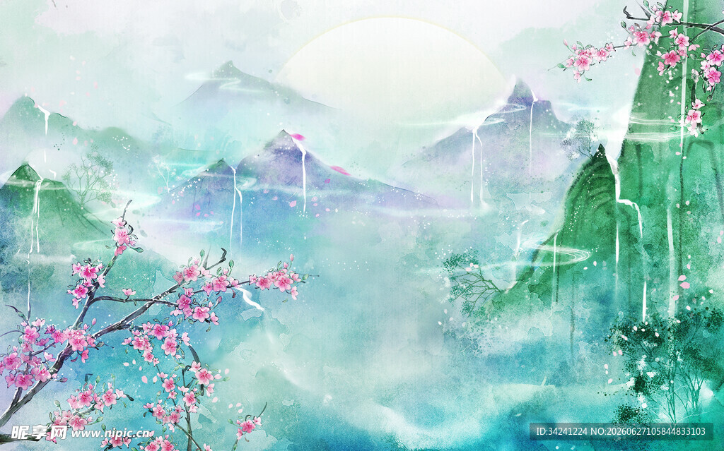 水墨山水间的烂漫花枝