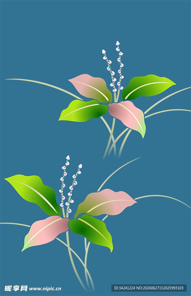 蓝底粉色花卉插画