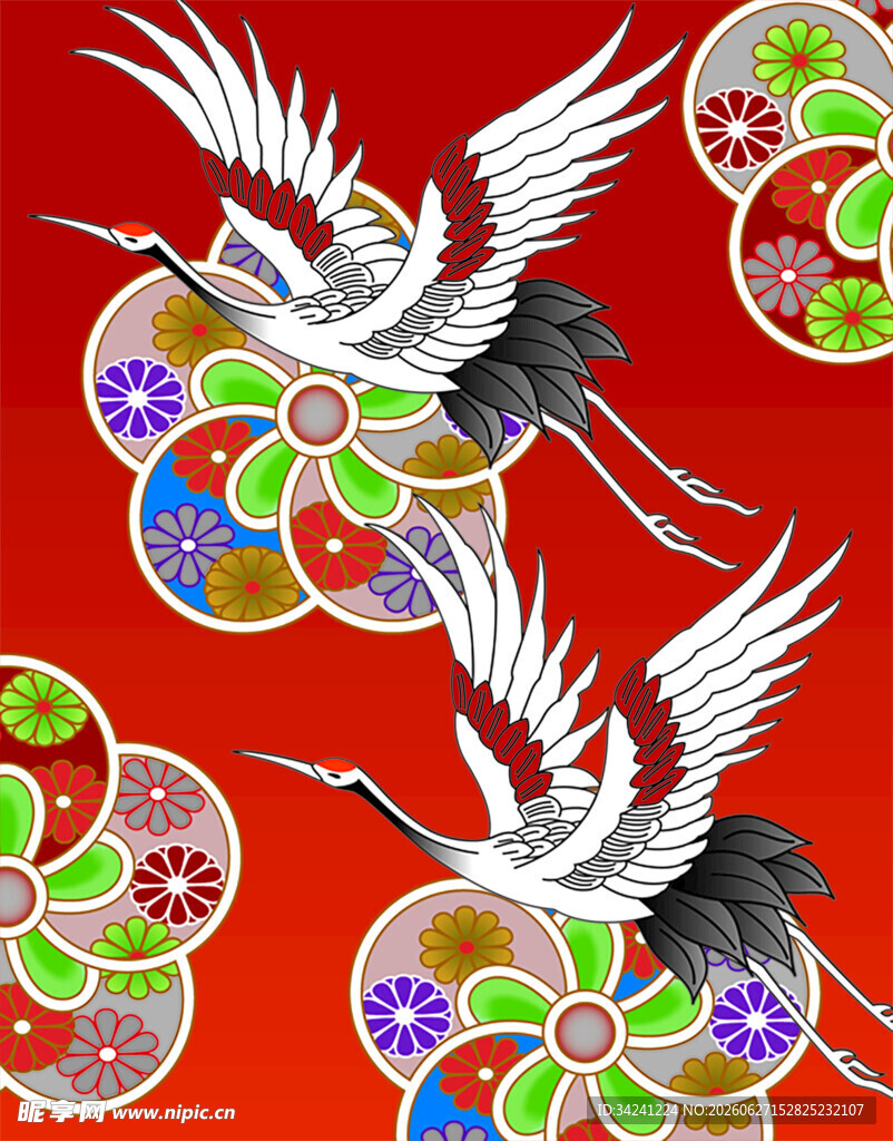 红底双鹤绘有多彩花纹