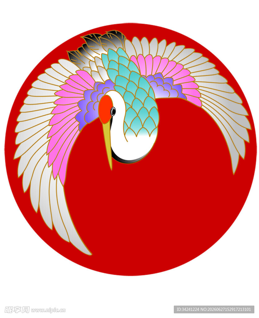 圆形红底上的绚丽飞鸟