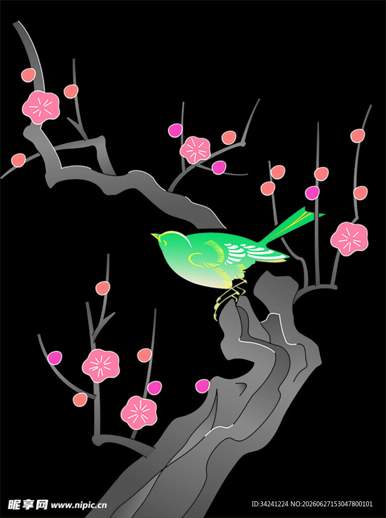 枝头绿鸟赏粉嫩繁花