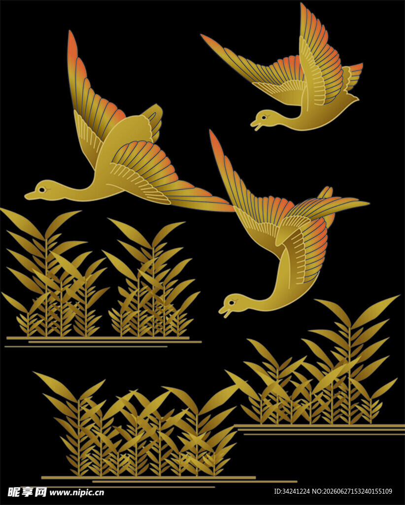 金色飞鸟与植物装饰图案