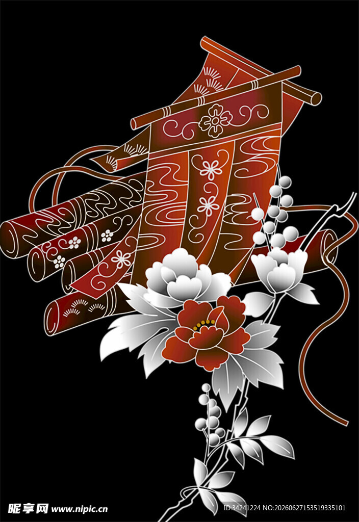 中式刺绣花卉与传统物件