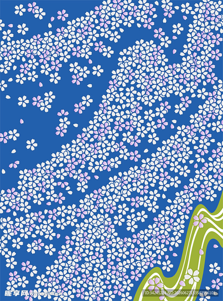 蓝色繁花背景与黄绿线条