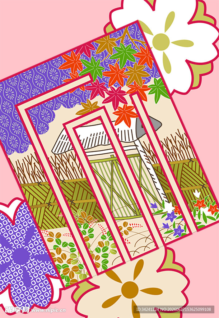 日式花卉窗景插画