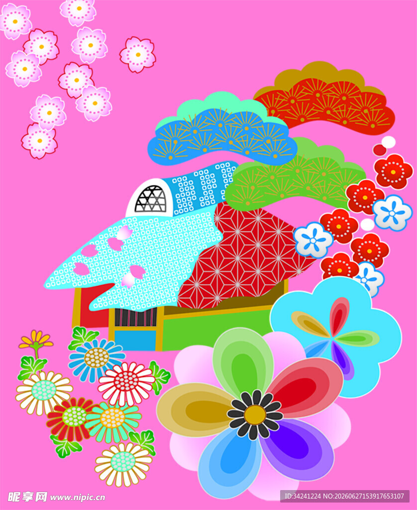 梦幻卡通风多彩花朵与房屋