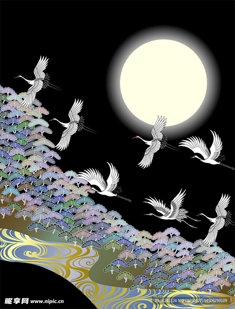 月夜群鹤翔于锦绣云海