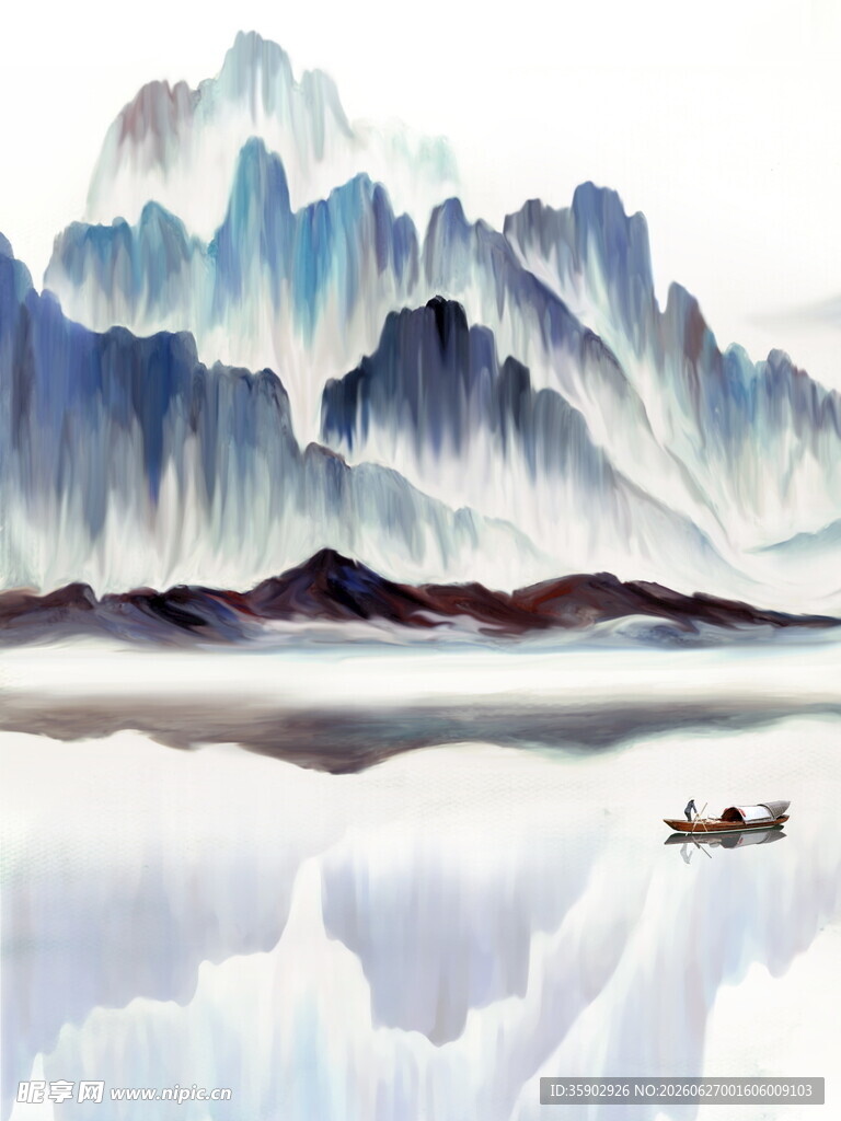 水墨山水间的孤舟泛舟景