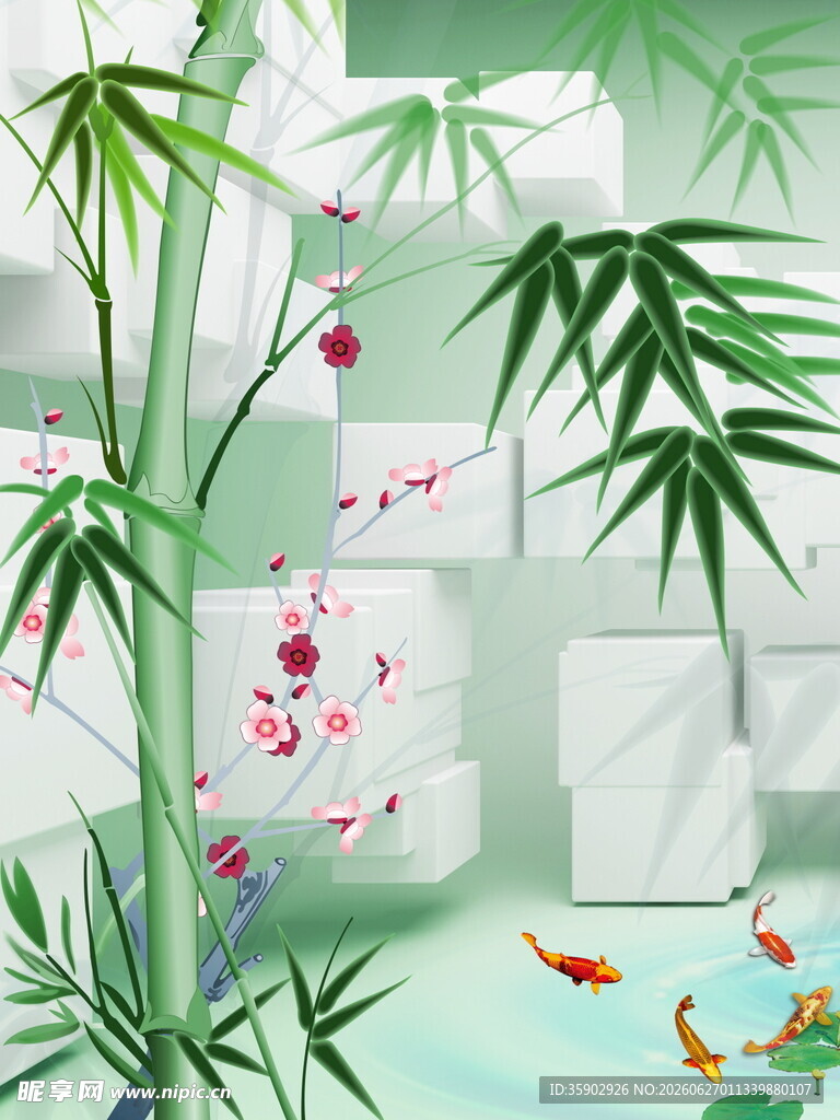 竹林锦鲤中式雅致景观