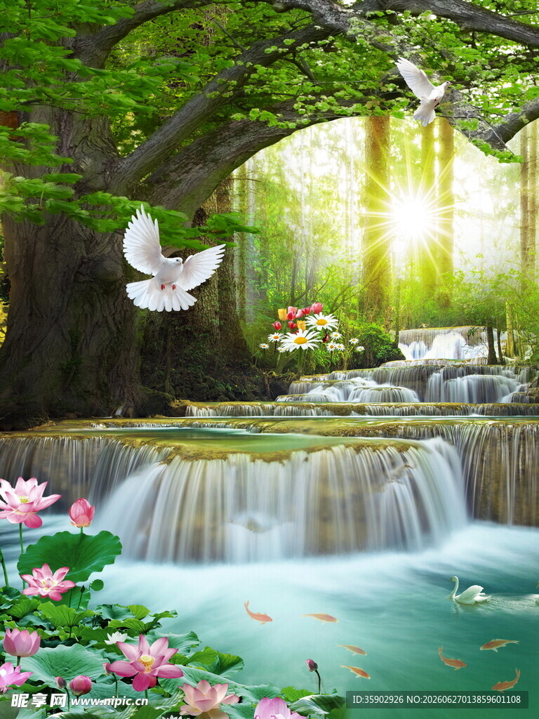 梦幻森林瀑布自然美景