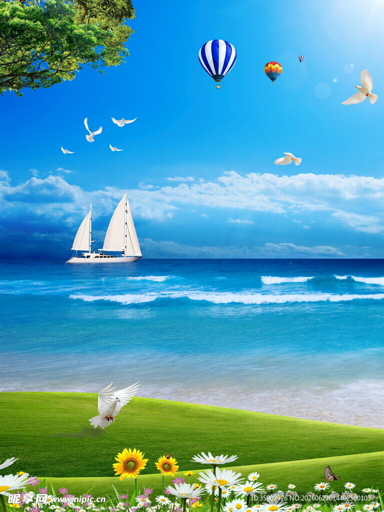 海边美景帆船飞鸟与繁花