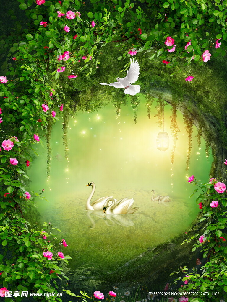 梦幻花境中的飞鸟与白兔
