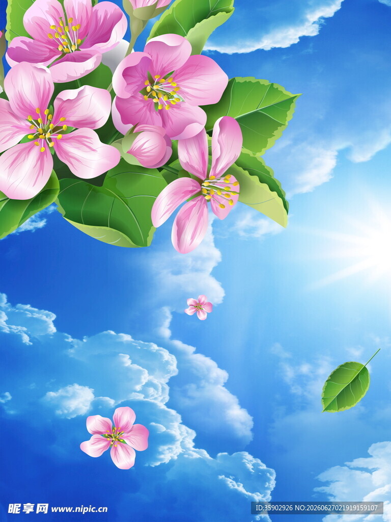 蓝天粉花唯美自然景象