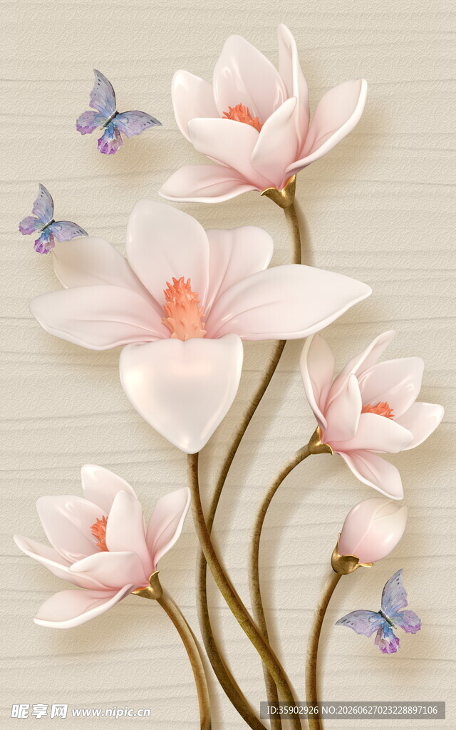 粉色玉兰花与蝴蝶美景