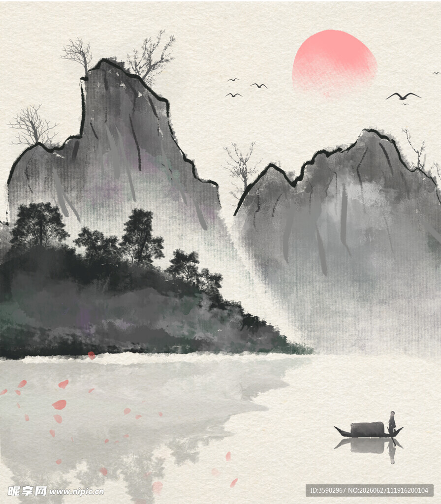 水墨山水落日孤舟图景