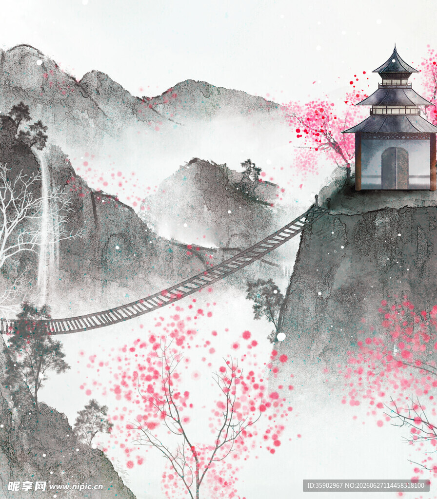 水墨山水间的古风楼阁