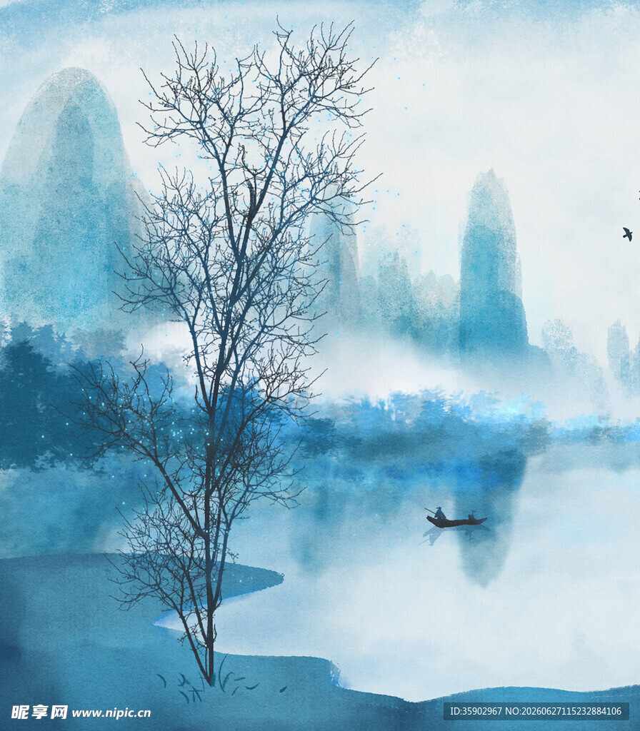 水墨山水孤树泛舟图景