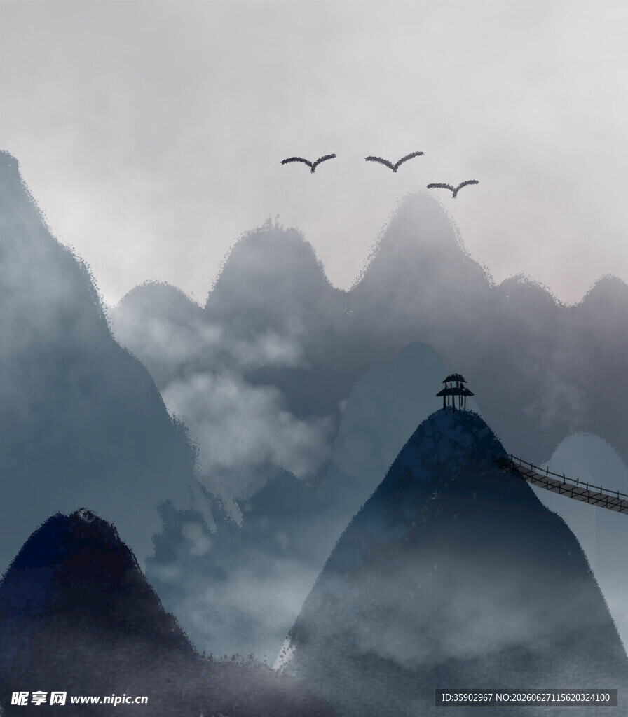 云雾山间飞鸟图