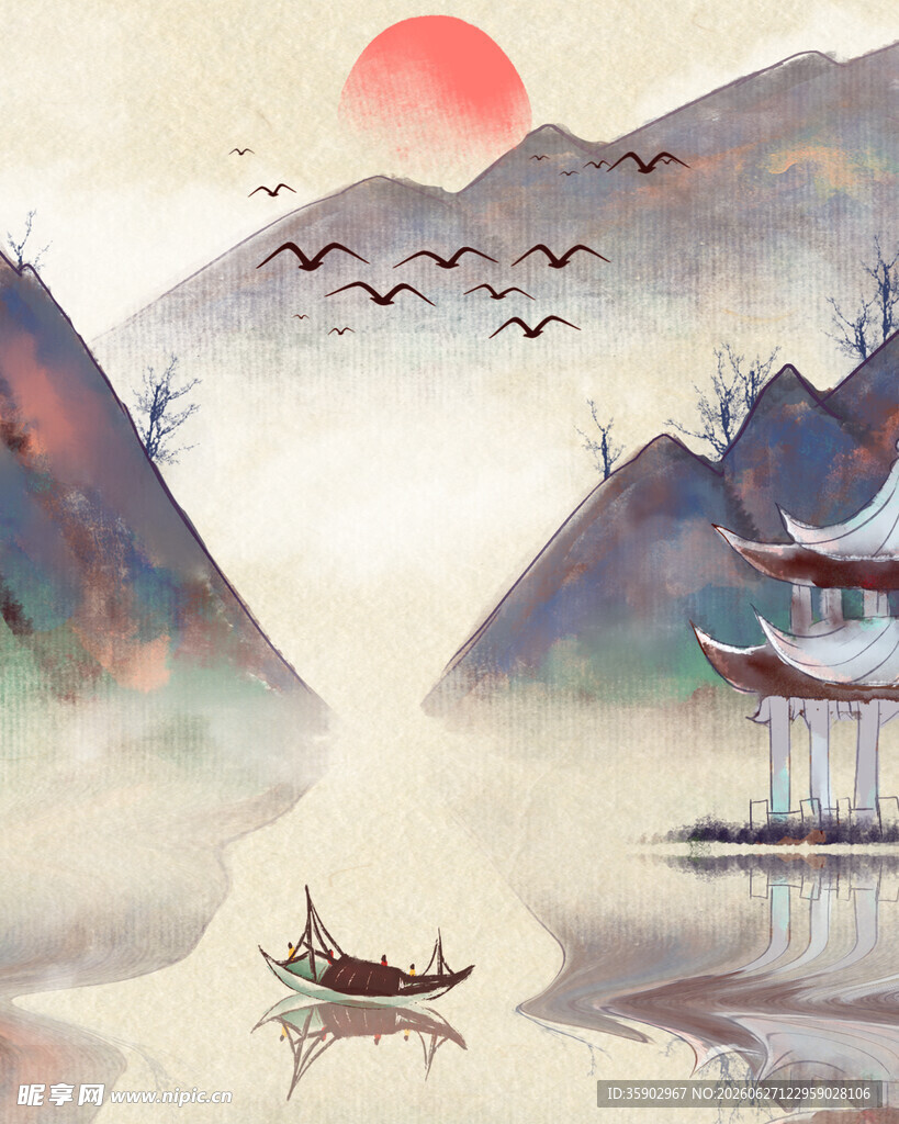 水墨山水间的孤舟落日景
