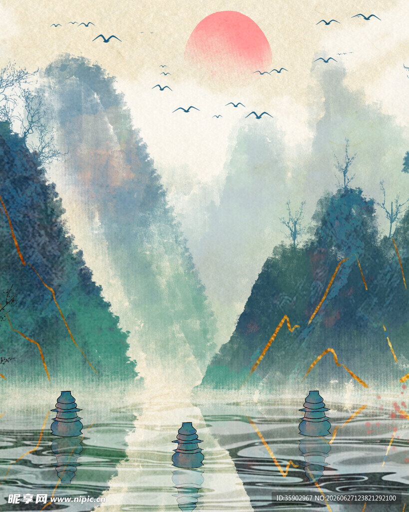 山水间的落日泛舟图景