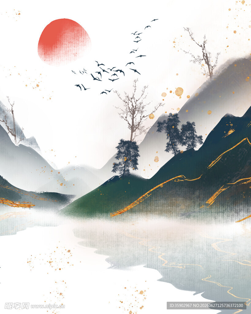 水墨山水间的红日飞鸟