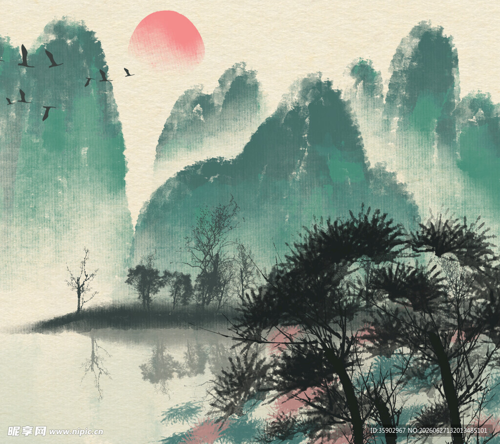 水墨山水间的日暮之景