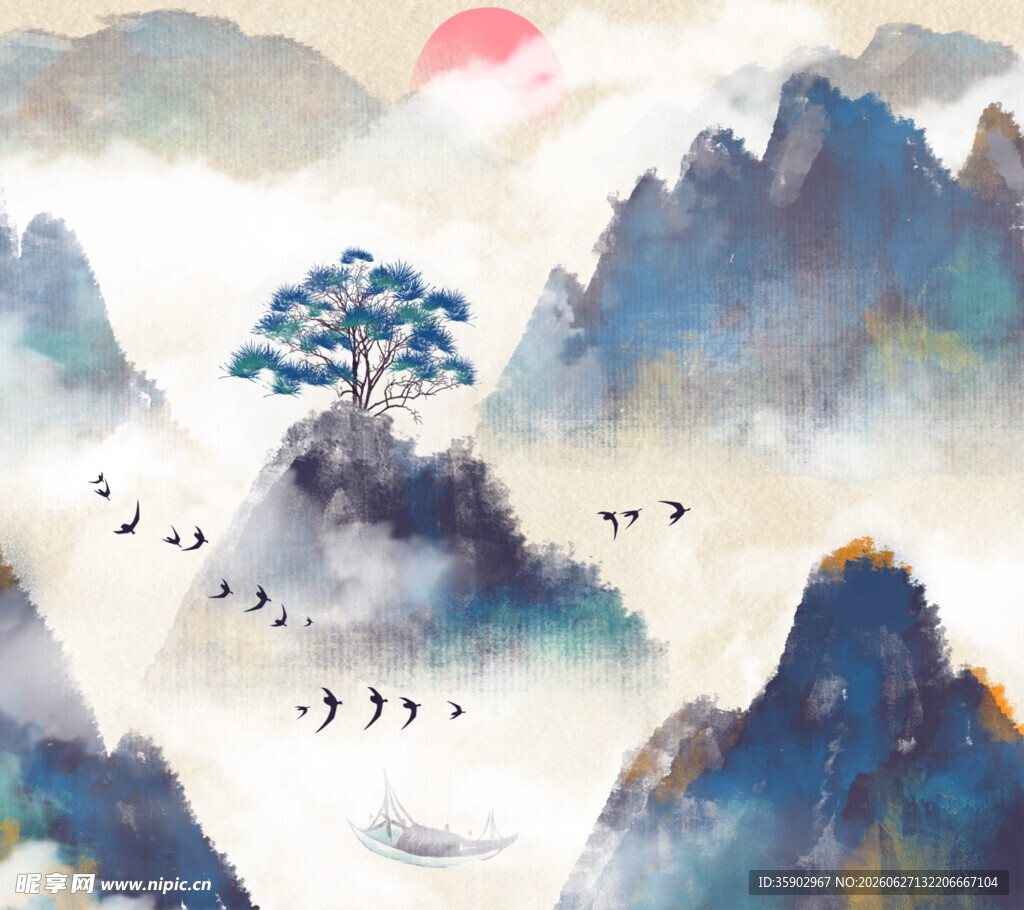 水墨山水间的孤树飞鸟景