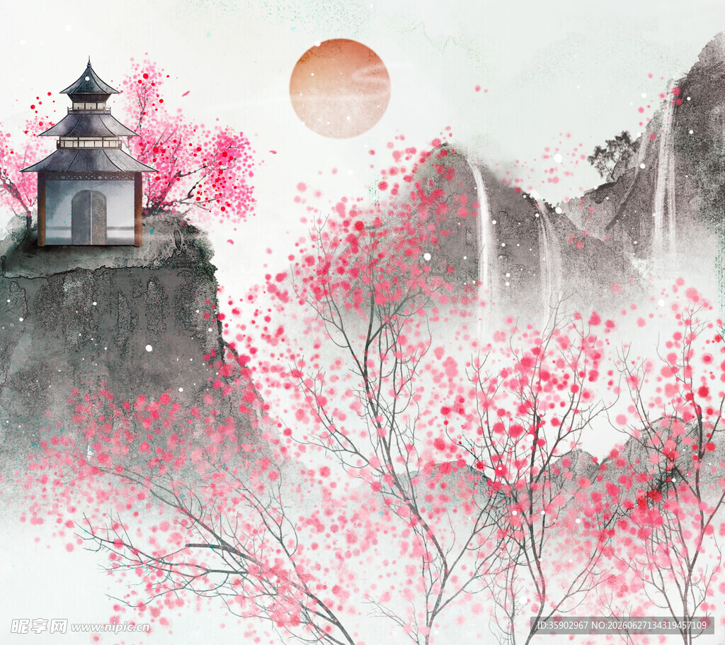 水墨樱花景古塔映夕阳