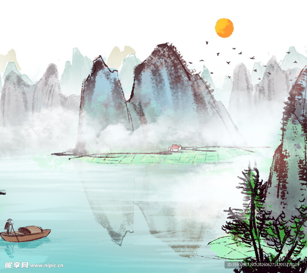 水墨山水间的悠然泛舟景