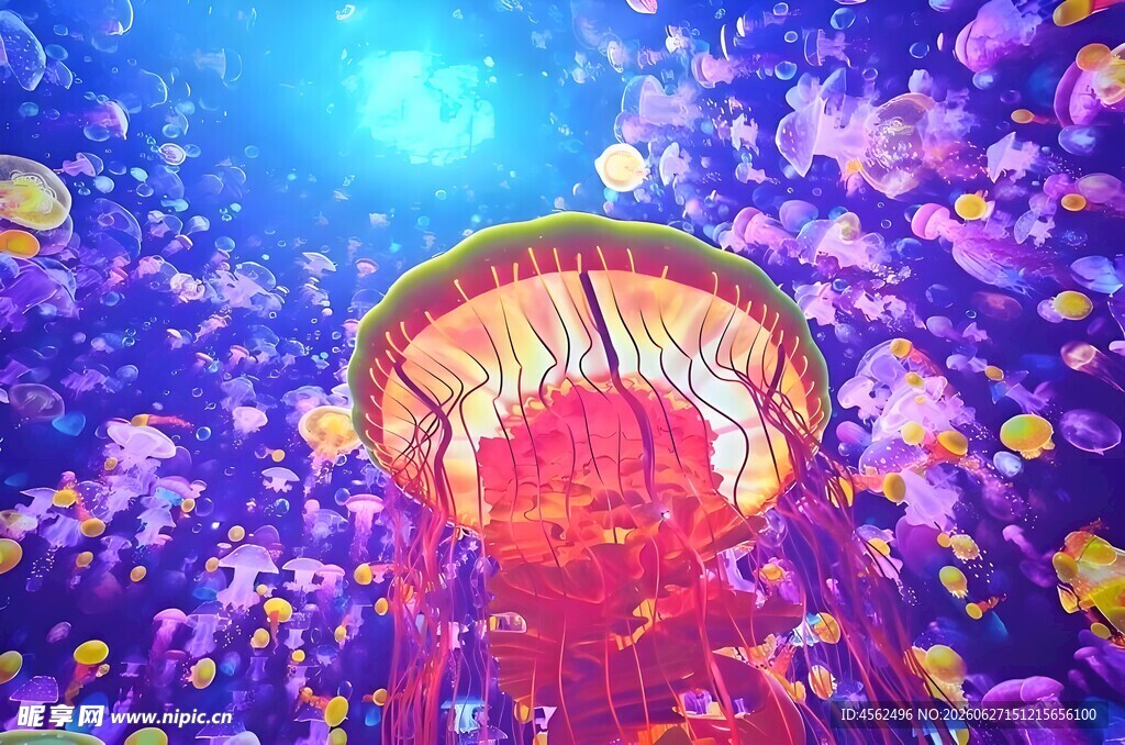 梦幻水母在绚丽水中舞动