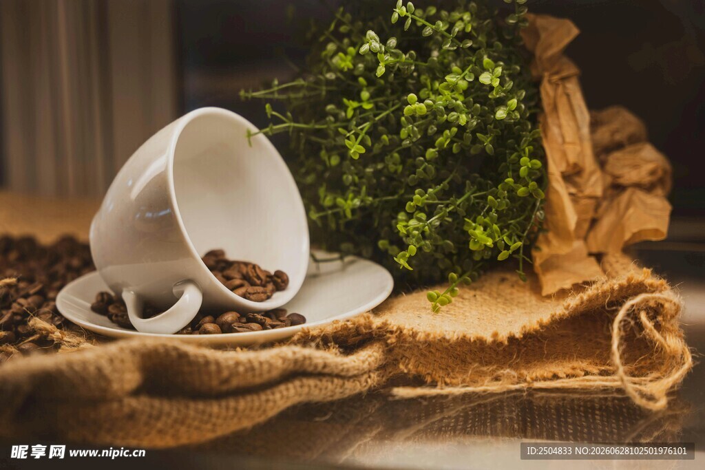 倾斜咖啡杯与绿植静物