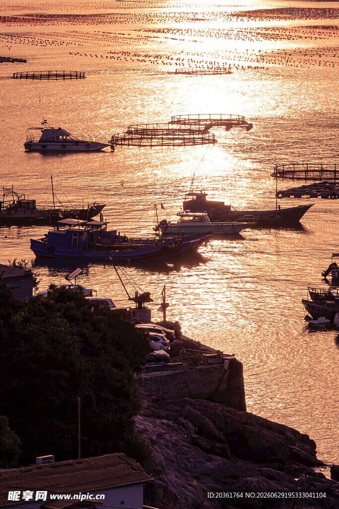 夕阳下的海港船只景观