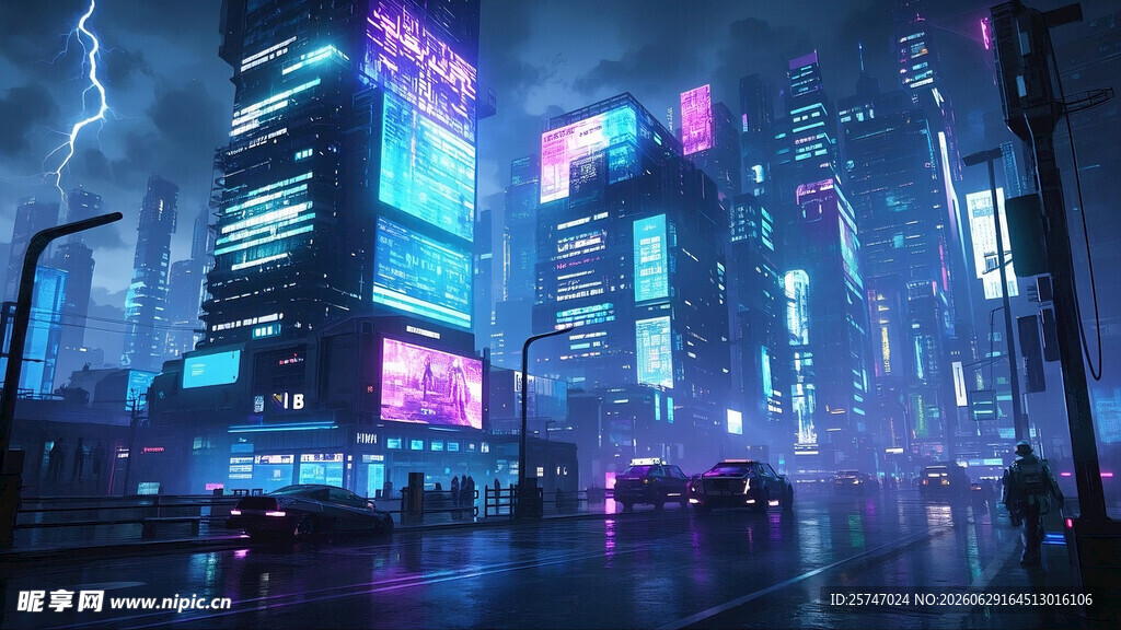 赛博朋克霓虹雨夜未来都市景观