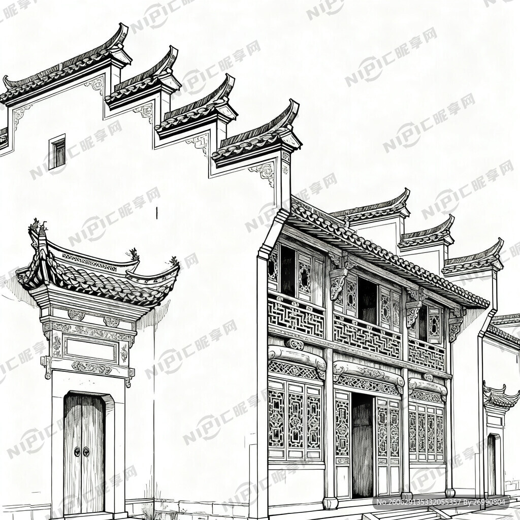 安徽古建筑 线稿