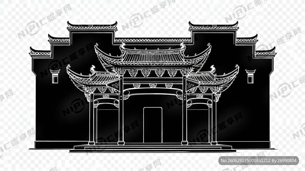 安徽马头墙古建筑 线稿正面形象