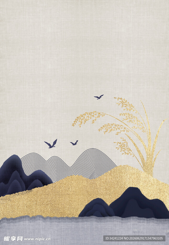 中式山水飞鸟抽象装饰画