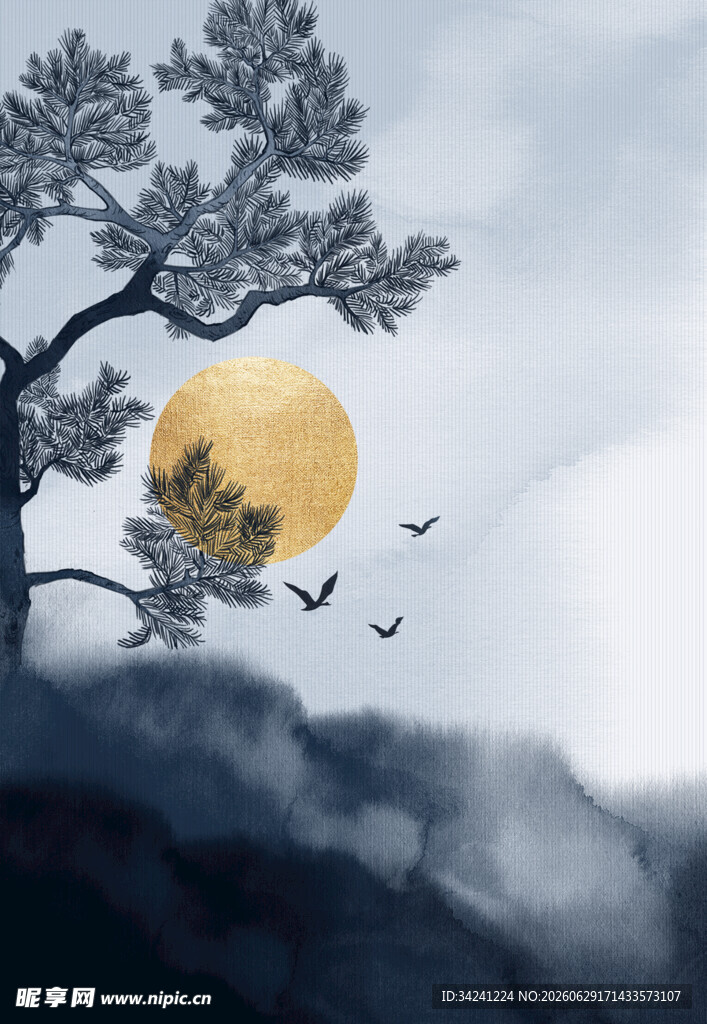 月夜树影飞鸟梦幻景象