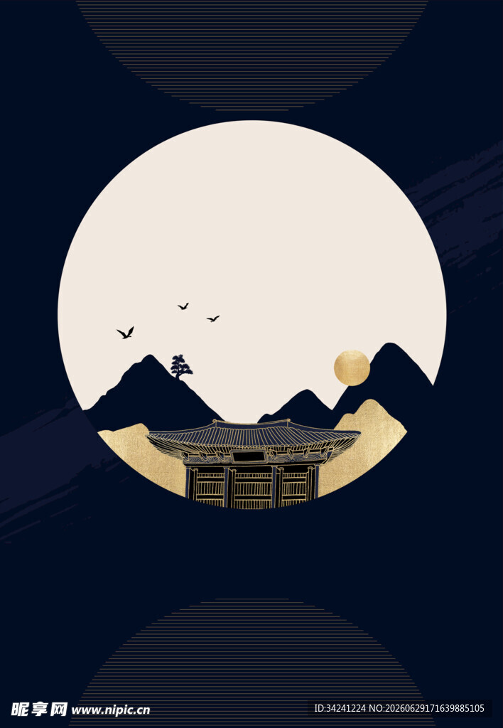 月夜下的中式山水屋景