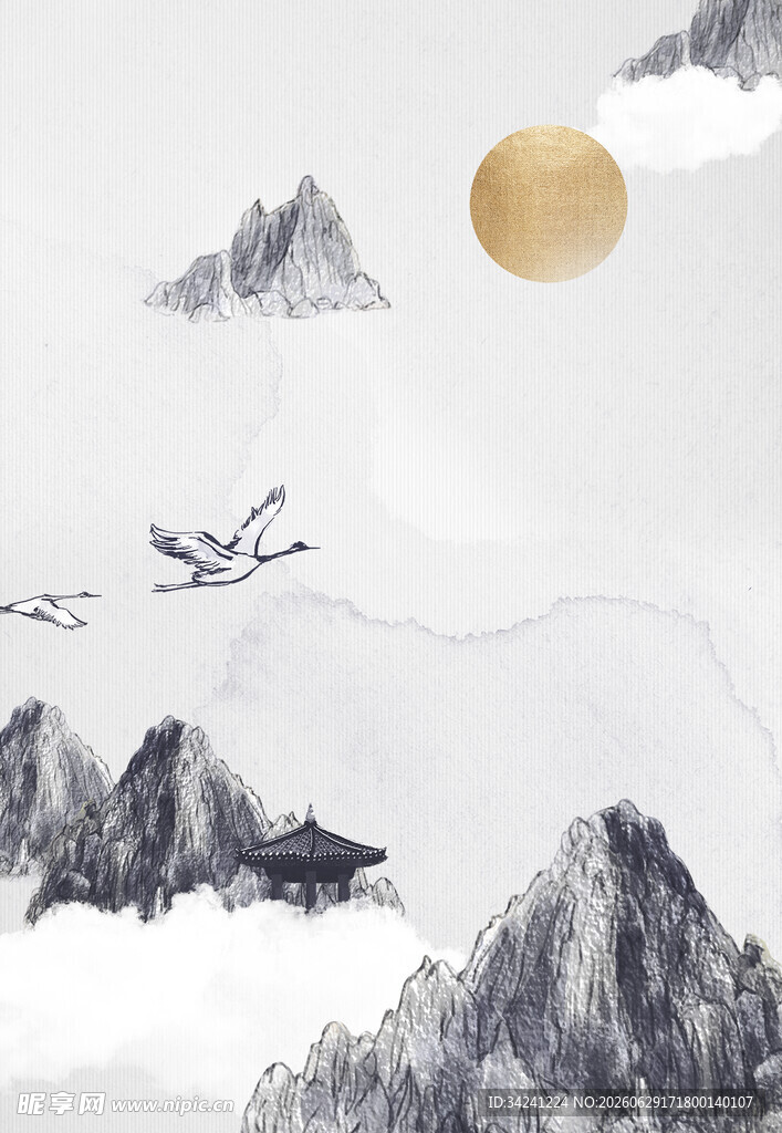 水墨山水间飞鸟伴月景