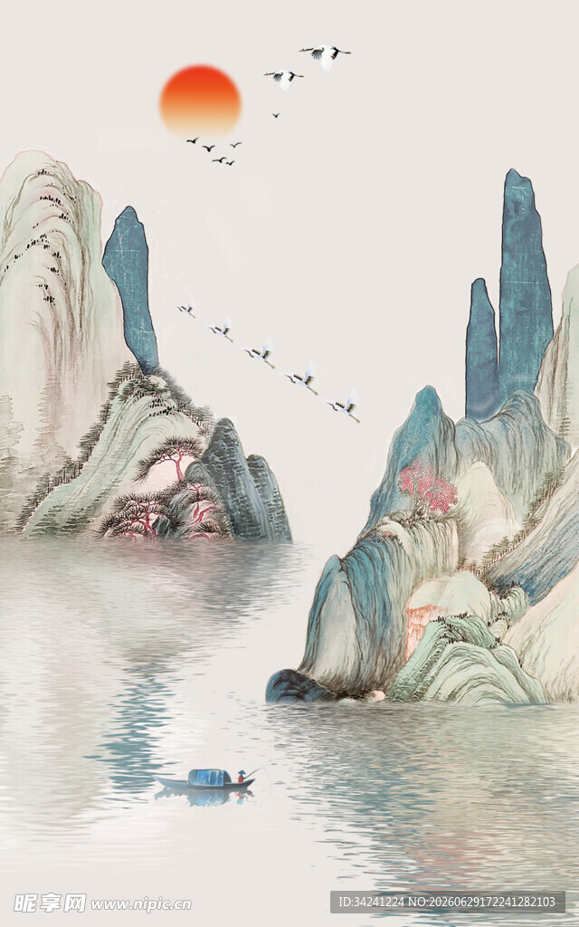 水墨山水间的孤舟落日景