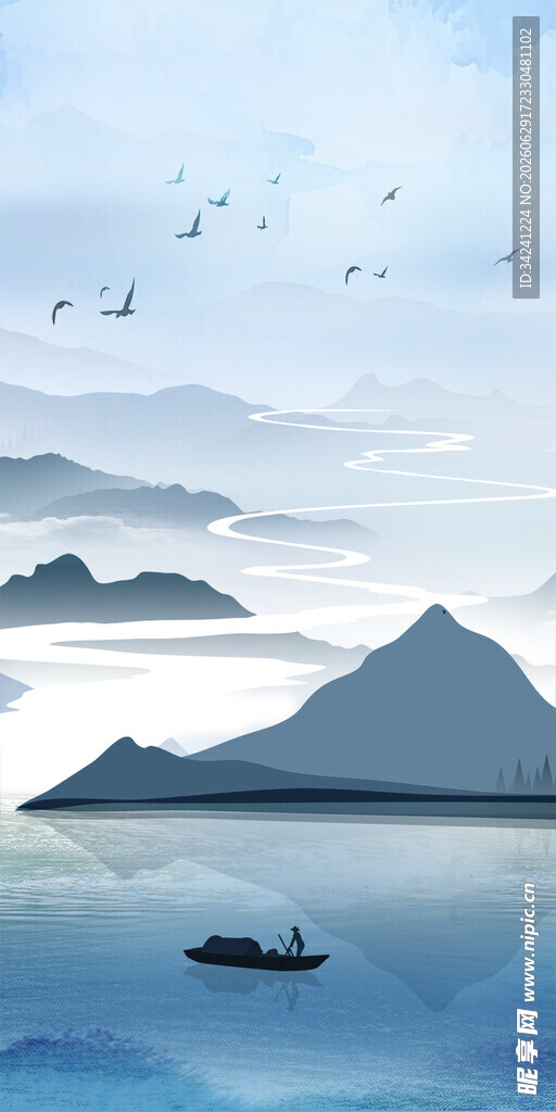 海上孤舟远山飞鸟之景