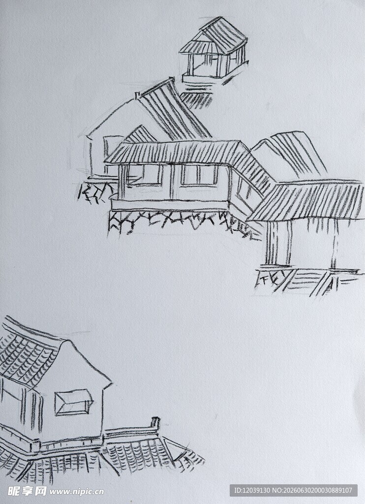 速写乡村房屋线描
