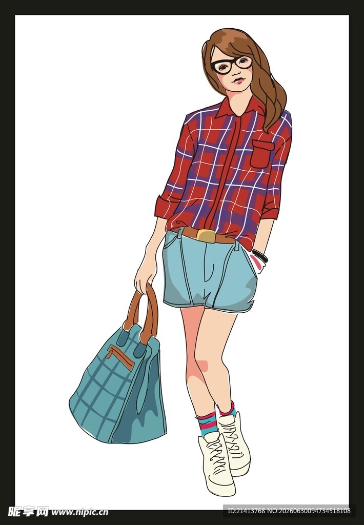 时尚女孩手提蓝包穿搭展示