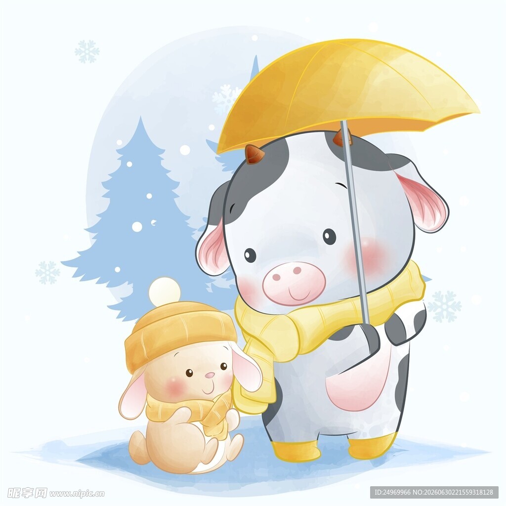 雨中奶牛与小猪温馨画面