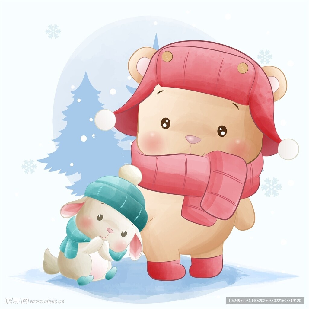 冬日萌熊与小兔温馨画面