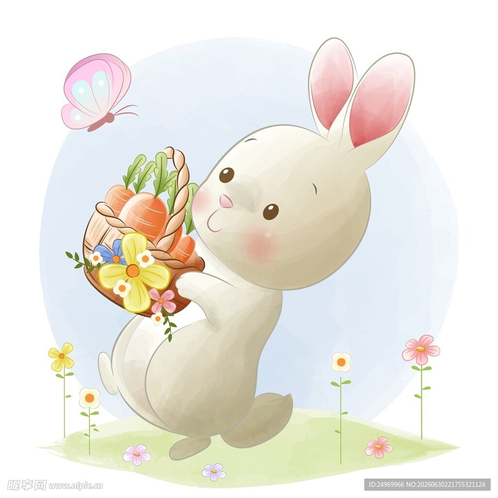 白兔捧花伴蝶于花丛中