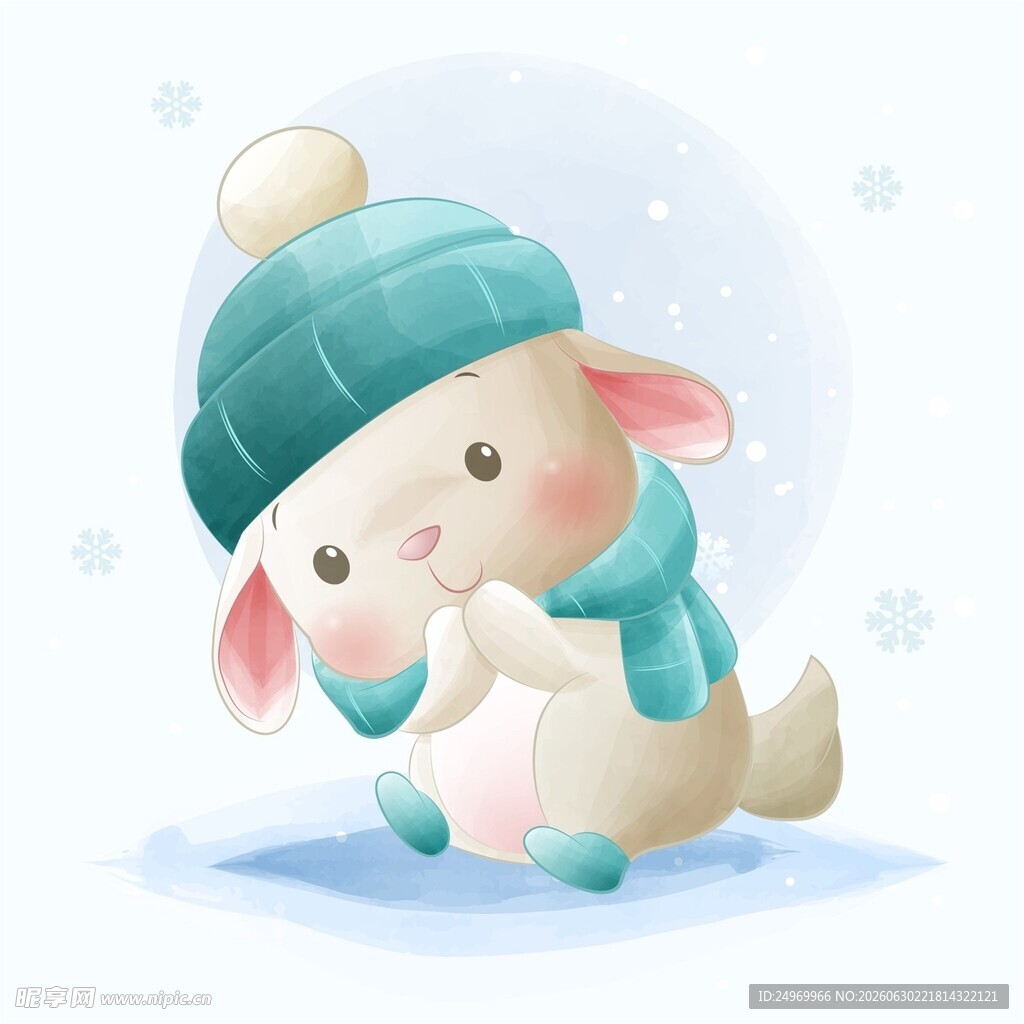 雪地中戴帽围巾的可爱小兔